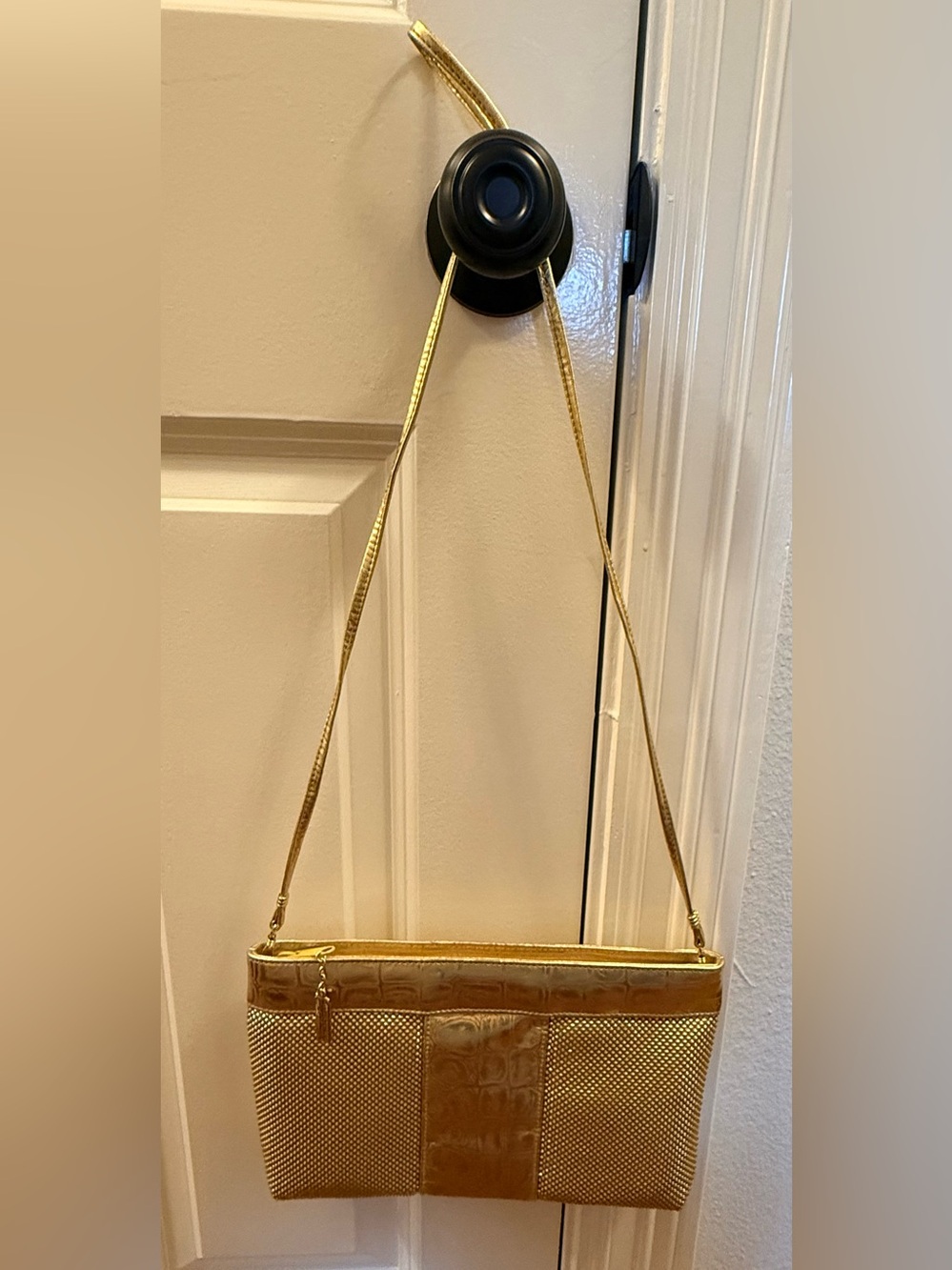 Whiting & Davis Gold Croc-Accent Mesh Shoulder Bag